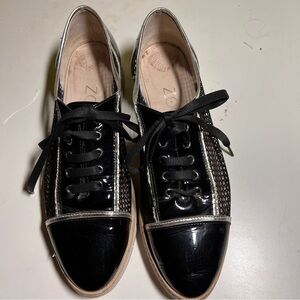 ZOCAL Vintage Patent Leather & Mesh. Gold piping & black laces. Size 37.5 Euro